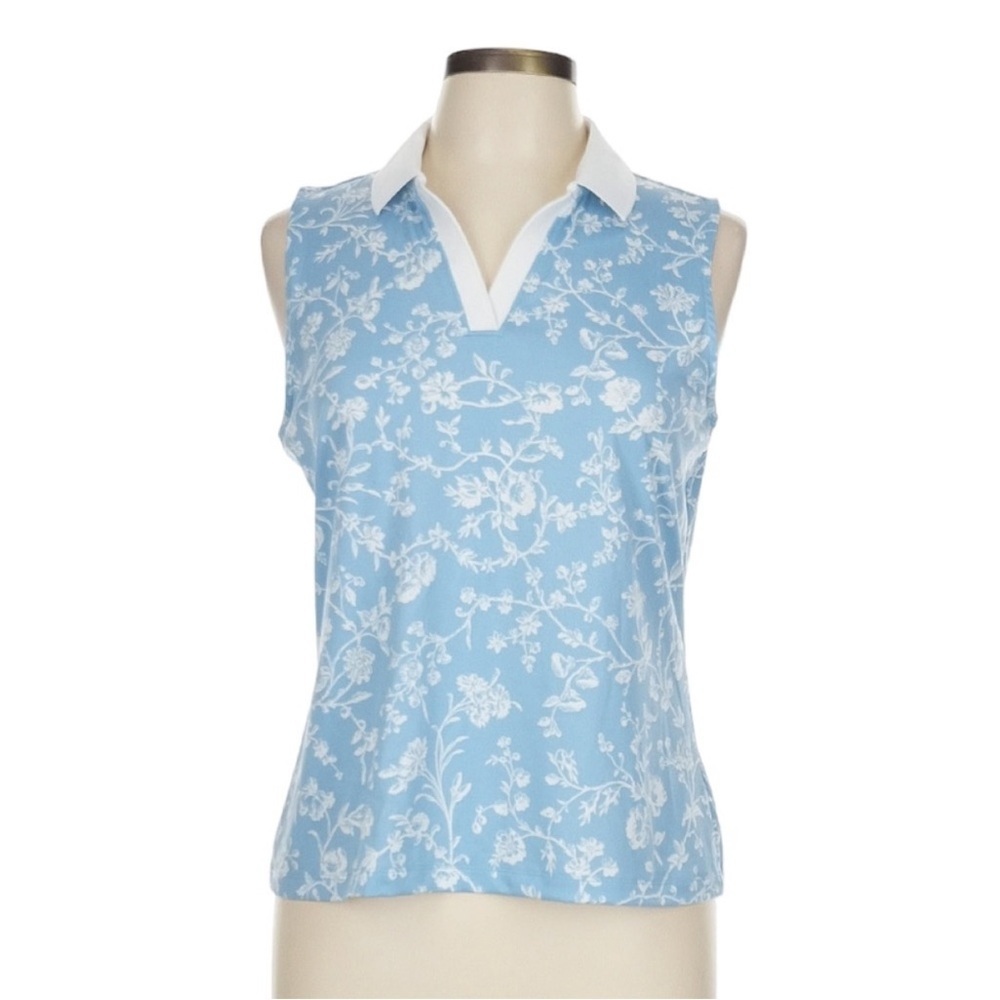 Laura Ashley Blue Floral Golf and Tennis Sleeveless Polo Top NWT Size L